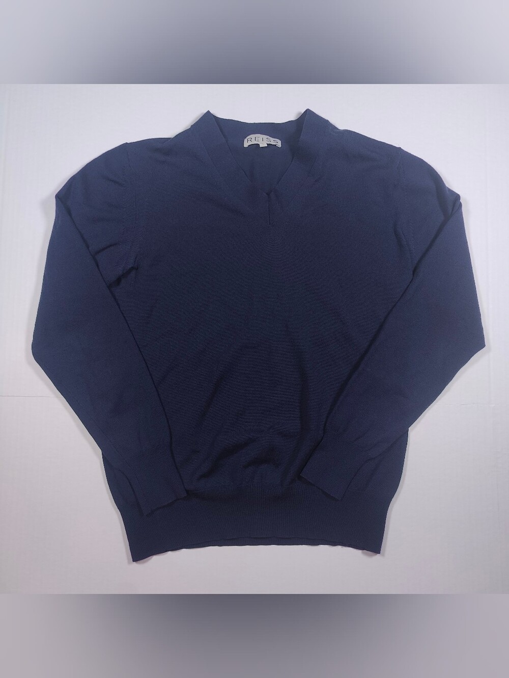 Reiss Mens Navy Blue Wool Stretch V Neck Long Sleeve Sweater Size S